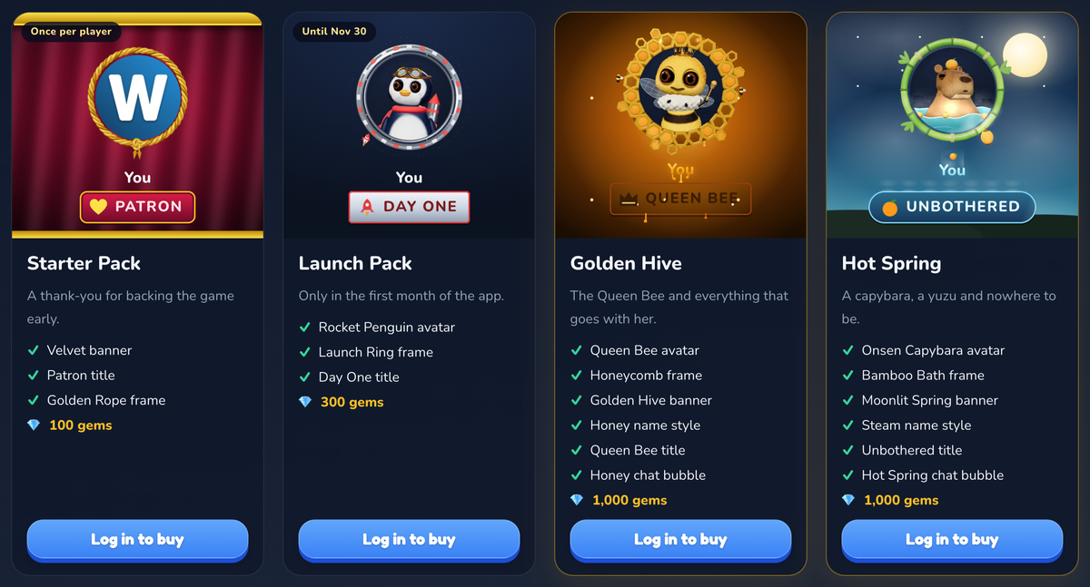 The new Packs section in the WordlyPlay store: Starter Pack, Launch Pack, Golden Hive and Hot Spring